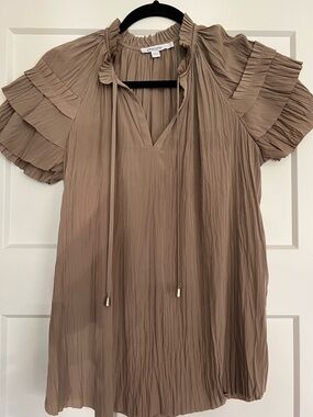 Chico's Neutral Taupe Pleated Maxi Dress with Waist Tie